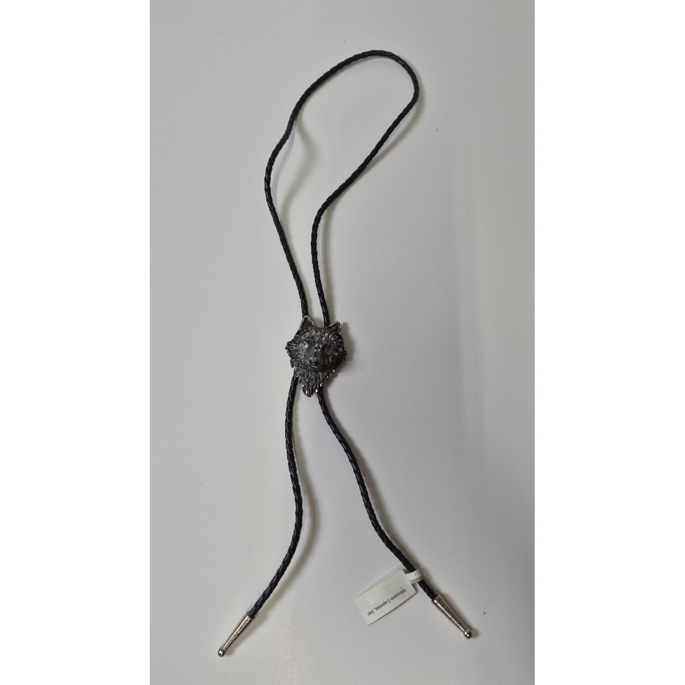 Western Express Wolf Head Bolo Tie Black Braided Cord Pewter Tone BT-375 USA